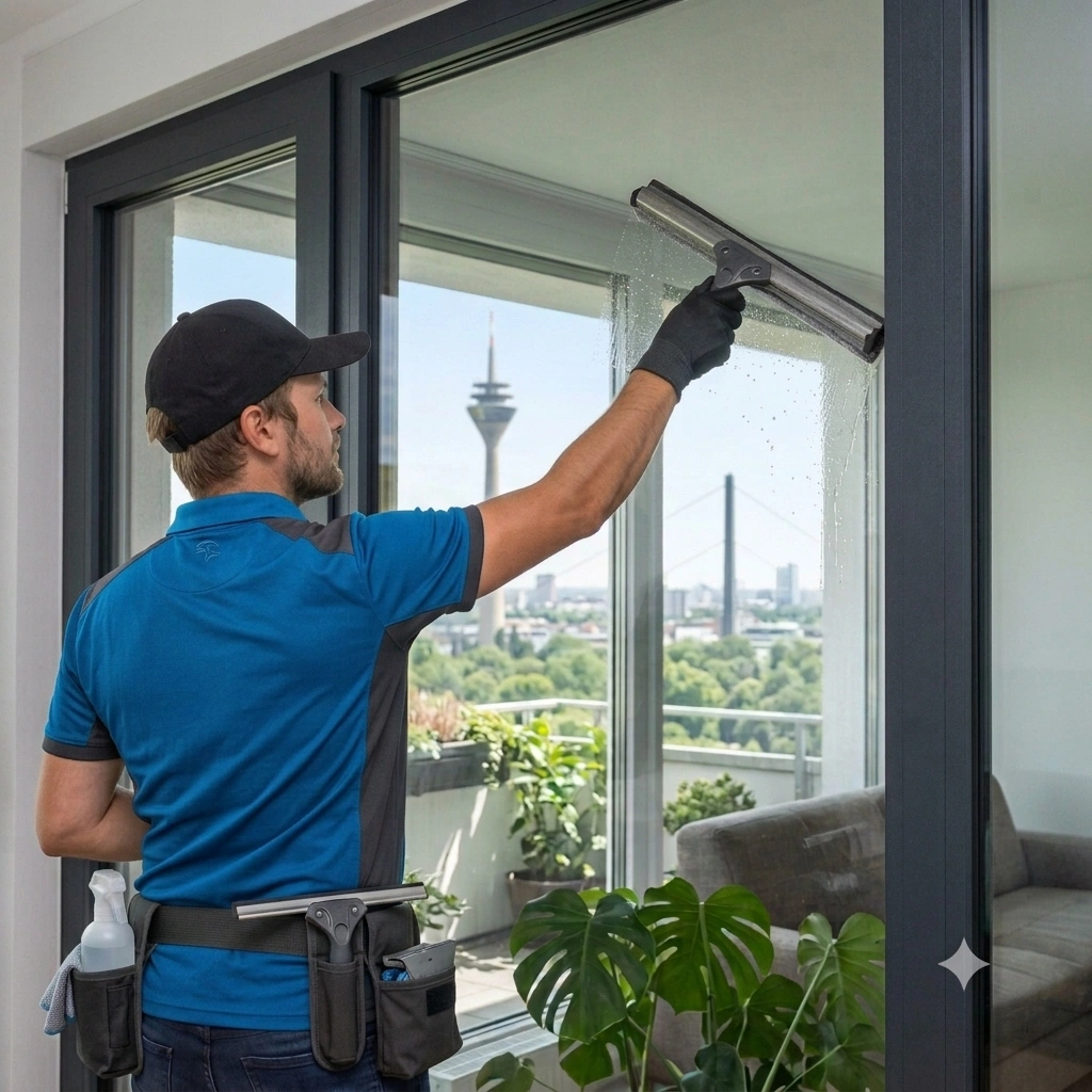 Klinpal Service Fensterreinigung Privatwohnung Düsseldorf – Fensterputzer mit Abzieher und Blick auf den Rheinturm