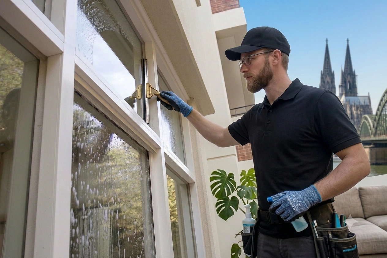 Klinpal Service Gewerbe-Fensterreinigung Köln – professioneller Fensterputzer reinigt Schaufenster mit Kölner Dom im Hintergrund