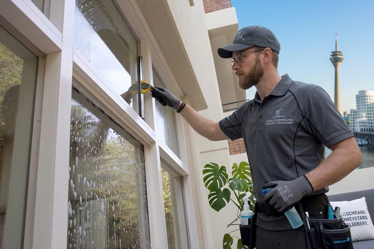 Klinpal Service Fensterputzer reinigt Fenster in Düsseldorf – professionelle Fensterreinigung mit Abzieher und Blick auf den Rheinturm