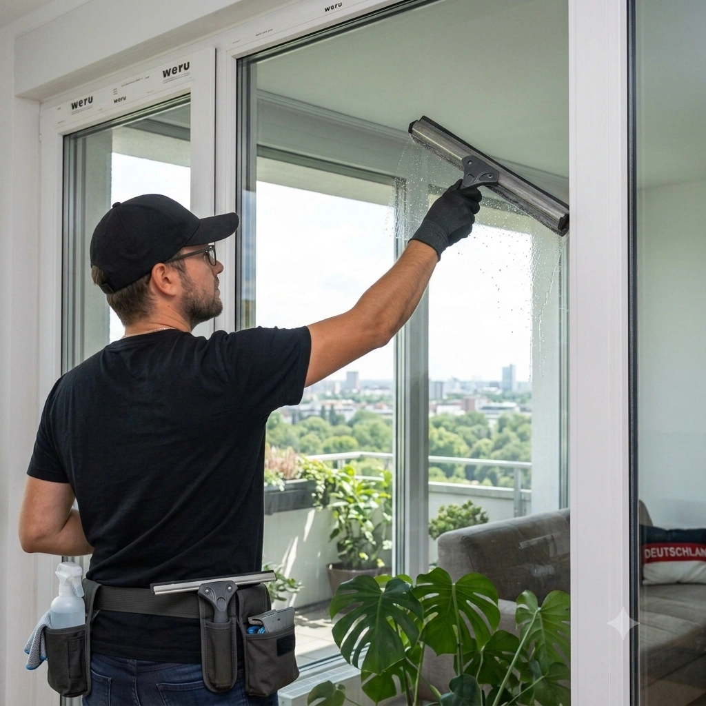 Klinpal Service Fensterreinigung Privathaushalt – Fachmann reinigt Fenster in Wohnung mit Blick über NRW
